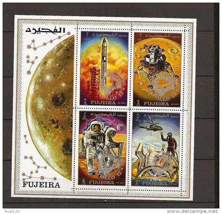 Bloc Feuillet Neuf De Fujeira, Mission Apollo 13, écriture Argentée, Surface De La Lune, Constellatons - Asia