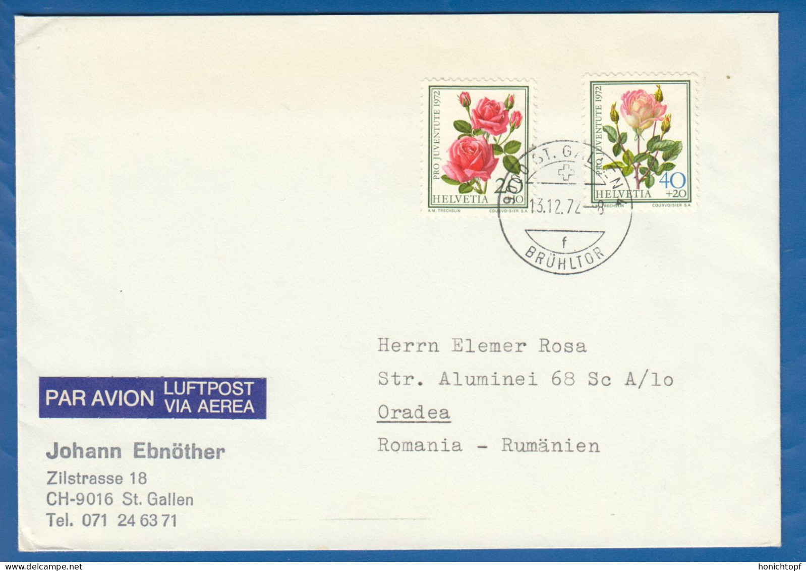 Schweiz; 1972 Brief Luftpost St. Gallen Brühltor; Mi. 985 Und 987; Pro Juventute - Briefe U. Dokumente