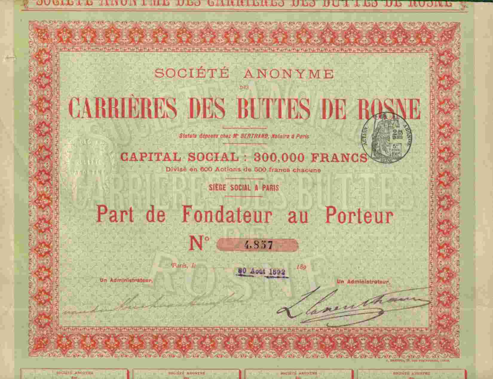 STE DES CARRIERES DES BUTTES DE ROSNE ( 1892 ) - Mines