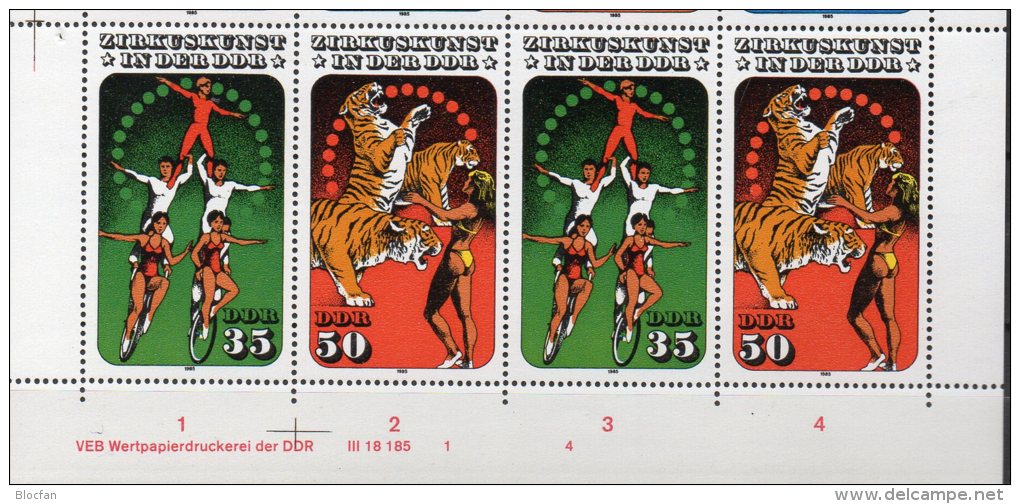Zirkus 1985 Abart P Im Haar Der Dompteuse DDR 2983/6 Im Kleinbogen I ** 100€ Bf Ss Artistik Bloc Art Sheetlet Of Germany - Variétés Et Curiosités