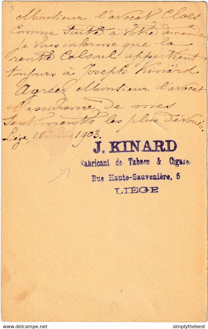 BELGIQUE - TABAC - Entier Armoiries LIEGE 1903 - Kinard , Fabricant De Tabacs § Cigares   -- 10/622 - Tabak