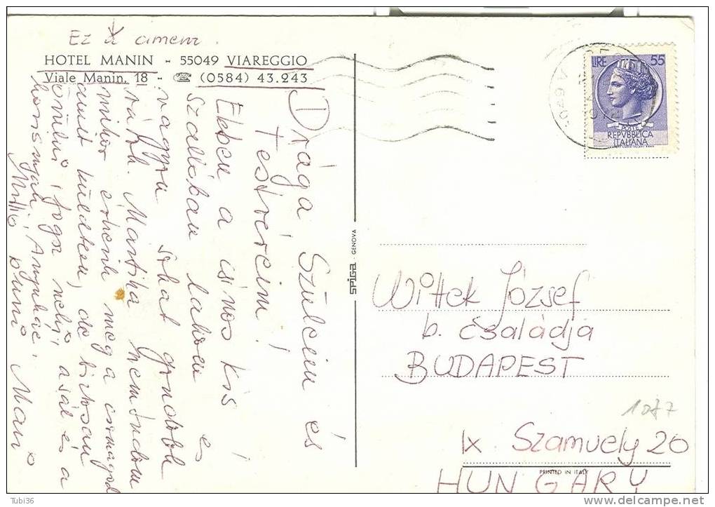 VIAREGGIO - HOTEL MANIN - COLORI VIAGGIATA  1972 - PER ESTERO AFFRANCATA SIRACUSANA £.55. - Viareggio