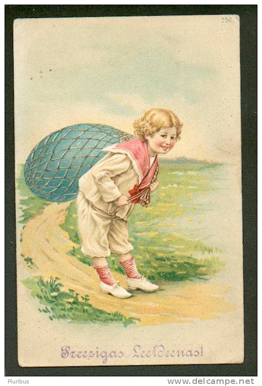 JUDAICA 1909 RUSSIA LATVIA KURLAND SASSMAKEN Sasmaka VALDEMARPILS CANCELLATION ON EMBOSSED POSTCARD, BOY WITH EASTER EGG - Briefe U. Dokumente