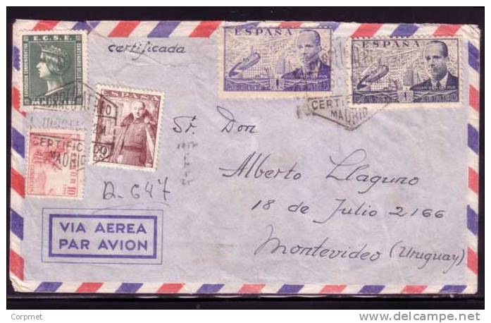 ESPAÑA - SPAIN - 1950 SOBRE CERTIFICADO MADRID A MONTEVIDEO - VIÑETA EXPO COMM CENTENARIO SELLO ESPAÑOL (recep Al Dorso) - Storia Postale