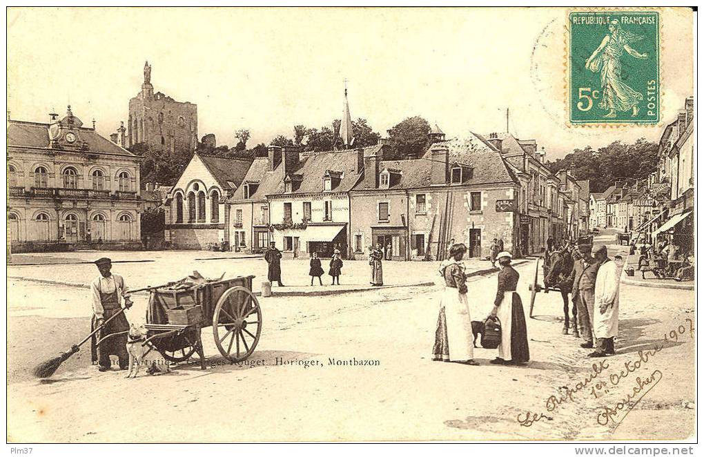 MONTBAZON - Place De La Mairie Animée - Cantonnier, Attelage De Chien? - Voy. 1907, Très Bel état - Montbazon