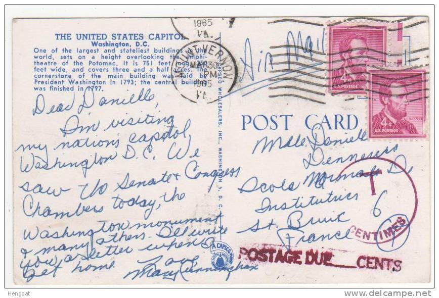 Carte, Postcard  Des U S A Du 30 Mai 1965 Pour La France , Avec Taxe , Postage Due - Brieven En Documenten