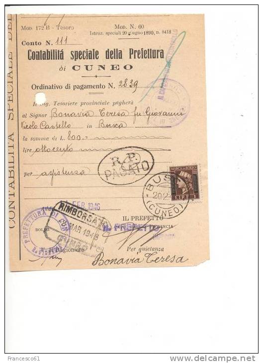 $$47 1946 Luogotenenza Marca Bollo Annullo Poste BUSCA Cuneo - Marcofilía