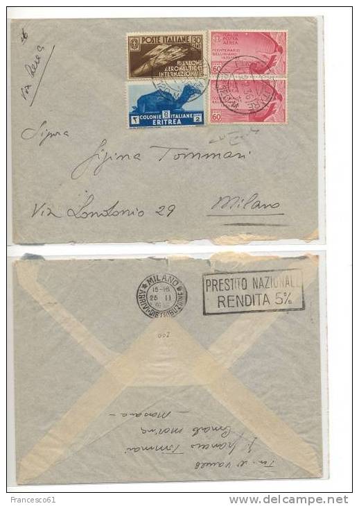 $$37 1936 BELLINI Posta Aerea 60cx2 + 30c Aeronautico + ERITREA Firmata Raybaudi - Storia Postale (Posta Aerea)