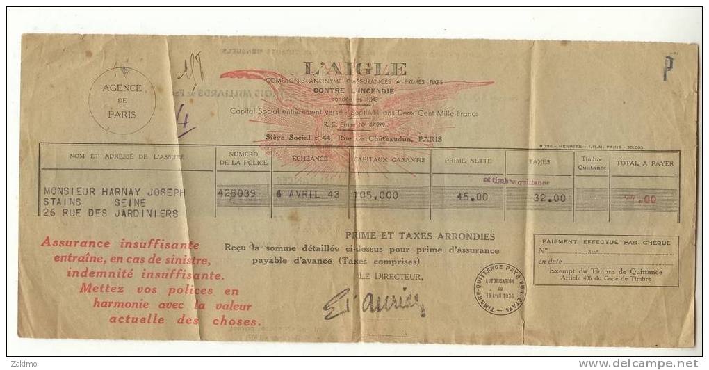 L AIGLE ASSURANCE 1943 - Bank En Verzekering