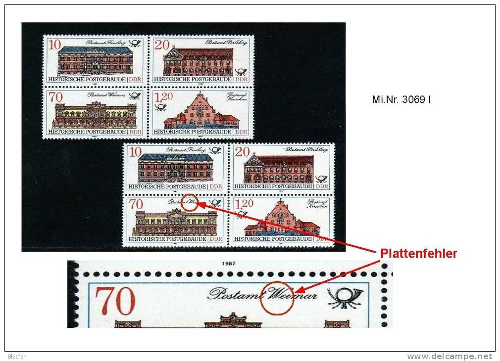 Abart Historische Post-Gebäude Offenes W In Weimar DDR 3069 I In 3067/0 ** 32€ Postamt 1986 Bloc Ms Se-tenant Bf Germany - Varietà E Curiosità