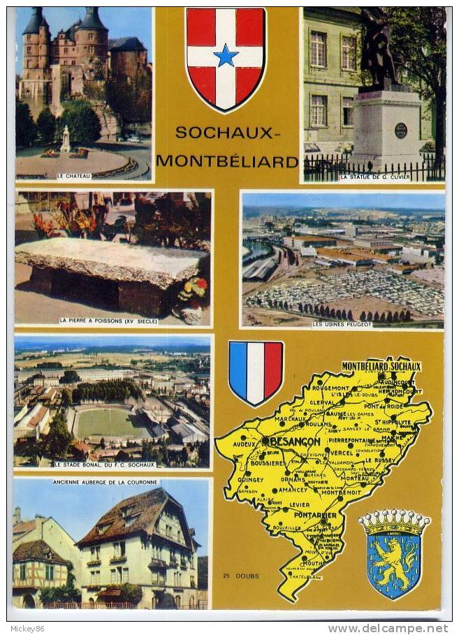 SOCHAUX-MONTBELIARD--Souvenir  De Sochaux-Montbéliard------(stade   Foot, Usines Peugeot,carte Géograghique),cm N° 1116 - Sochaux