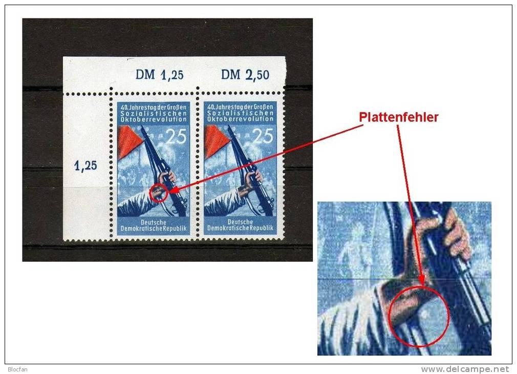 Abart Oktober-Revolution 1957 Fleck Am Handgelenk DDR 602 I Im 4-Block Feld 1 ** Ca. 85€ Error On The Stamp Of Germany - Abarten Und Kuriositäten