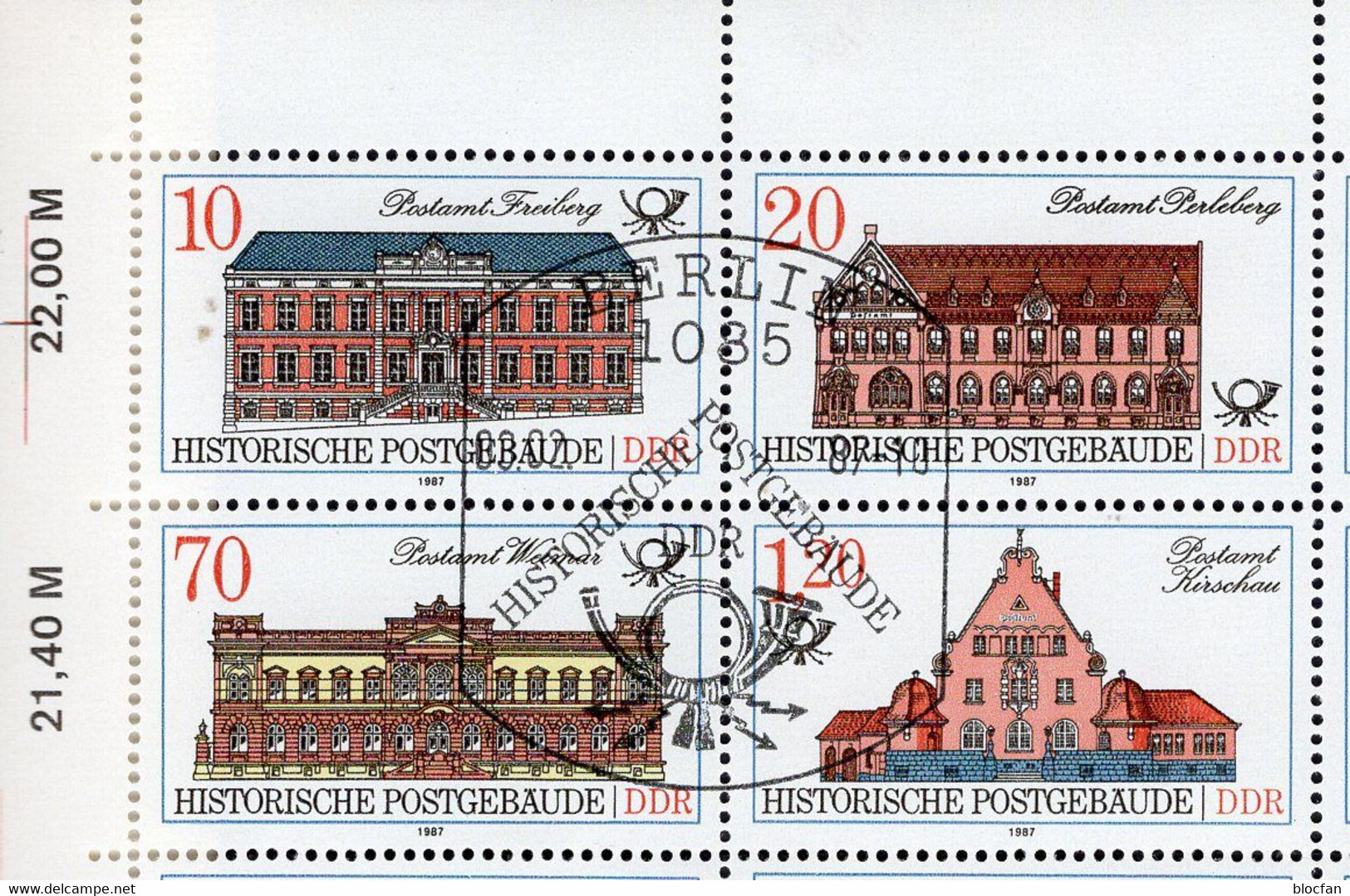 1987 DDR 3067/0 VB I,DV+Bogen O 128€ Post-Gebäude Mit PF 3069 I Offene W Von Weimar Im 4-Block Error On Sheet Bf Germany - Abarten Und Kuriositäten