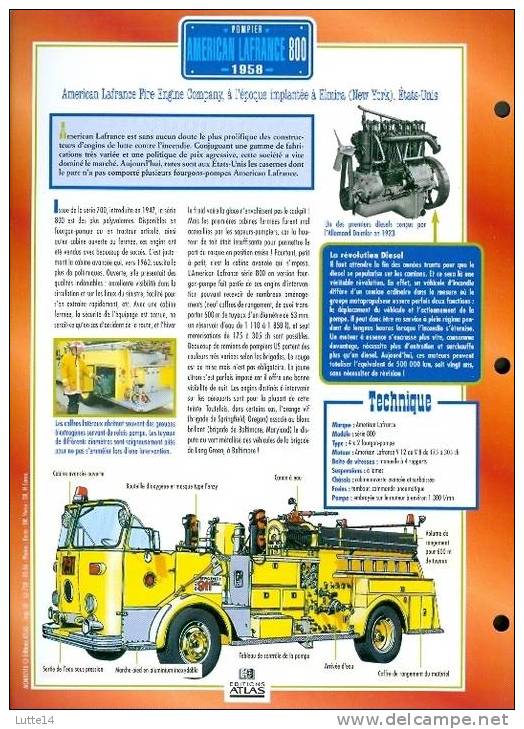 CAMIONS : Fiche éditions Atlas AMERICAN LAFRANCE 800 (recto: Photo, Verso: Notes Techniques) - Trucks