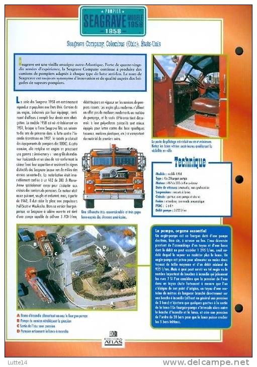 CAMIONS : Fiche éditions Atlas SEAGRAVE MODELE 1958 (recto: Photo, Verso: Notes Techniques) - Vrachtwagens