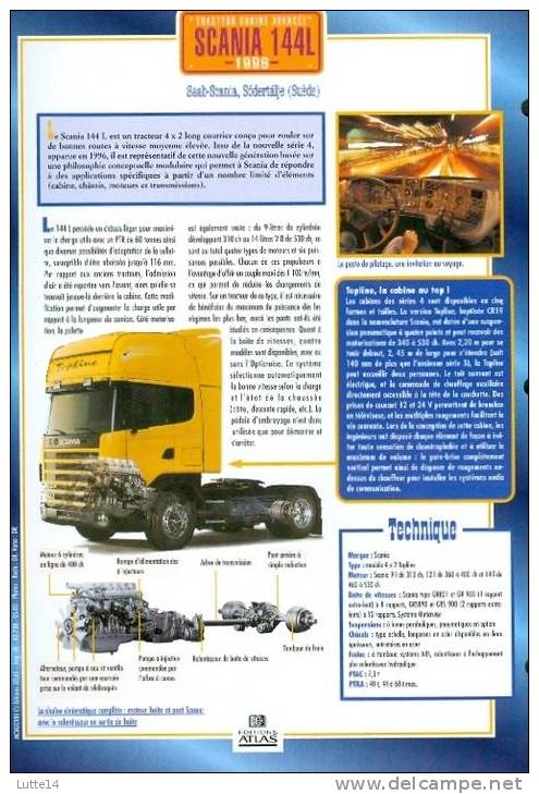 CAMIONS : Fiche éditions Atlas SCANIA 144L (recto: Photo, Verso: Notes Techniques) - Trucks