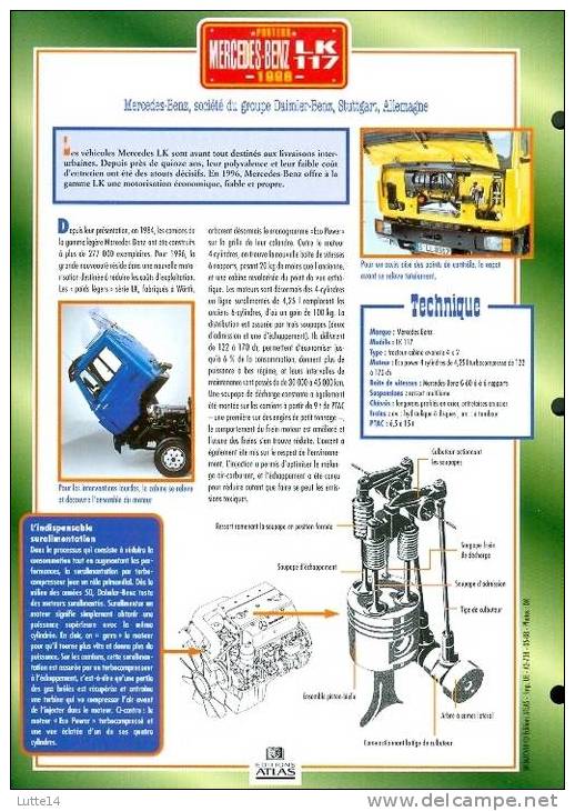 CAMIONS : Fiche éditions Atlas MERCEDES BENZ LK 117 (recto: Photo, Verso: Notes Techniques) - Camion