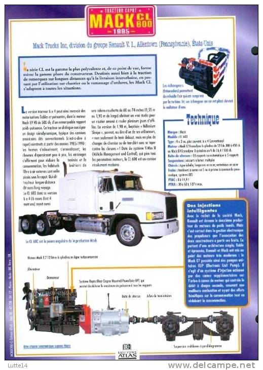 CAMIONS : Fiche éditions Atlas MACK CL 600 (recto: Photo, Verso: Notes Techniques) - Trucks