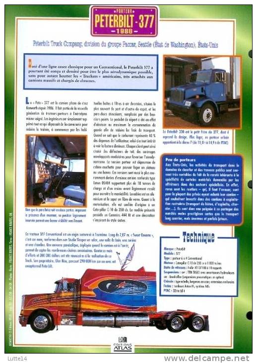 CAMIONS : Fiche éditions Atlas PETERBILT 377 (recto: Photo, Verso: Notes Techniques) - Camiones