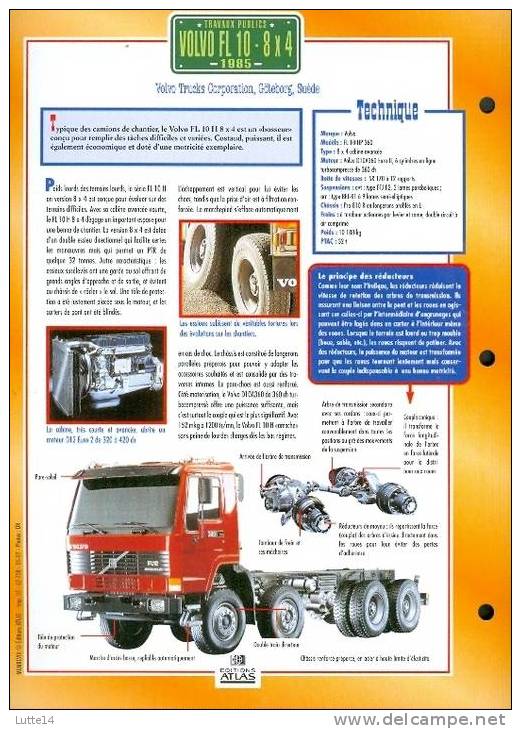 CAMIONS : Fiche éditions Atlas VOLVO FL 10 - 8X4 (recto: Photo, Verso: Notes Techniques) - Vrachtwagens