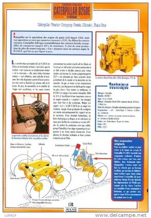 CAMIONS : Fiche éditions Atlas CATERPILLAR D250E (recto: Photo, Verso: Notes Techniques) - Trucks