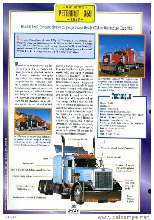 CAMIONS : Fiche éditions Atlas PETERBILT 359 (recto: Photo, Verso: Notes Techniques) - Trucks