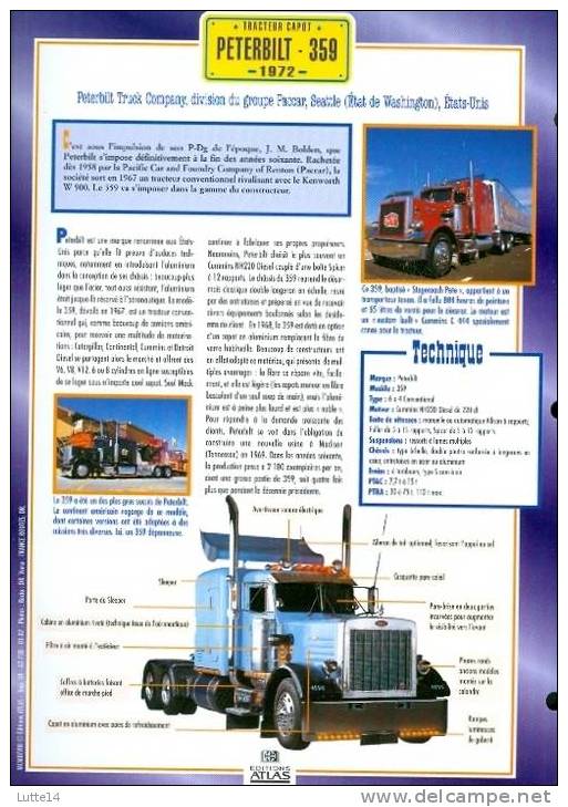 CAMIONS : Fiche éditions Atlas PETERBILT 359 (recto: Photo, Verso: Notes Techniques) - LKW