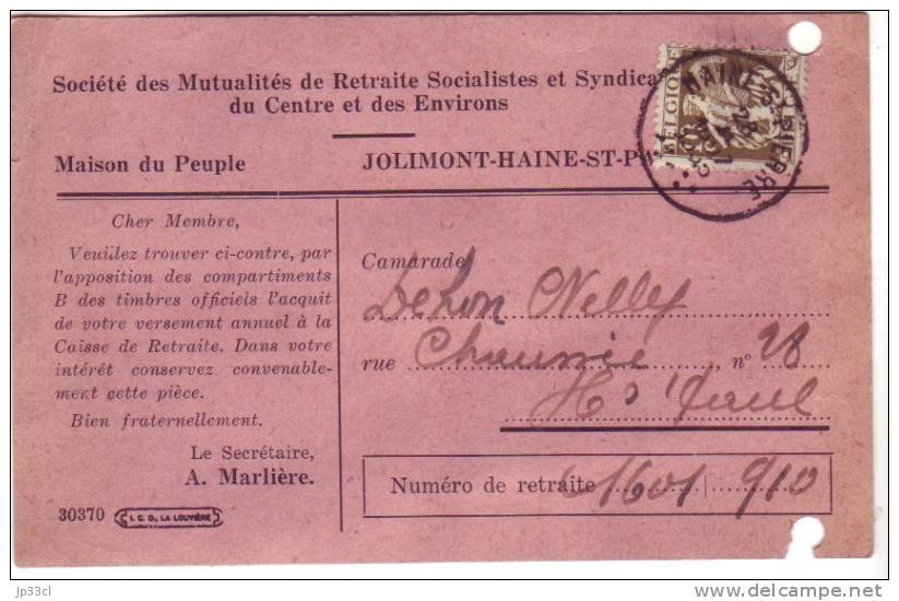 Timbres Des Mutualités Socialistes Du Centre (Jolimont Haine-saint-Paul)  Sur Carte De 1935 - Documents Historiques