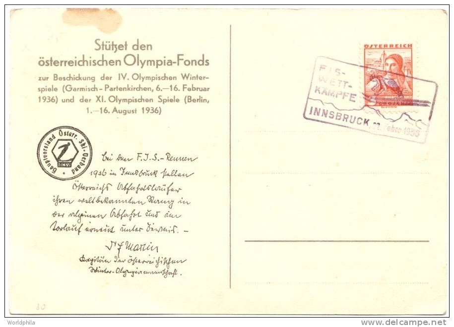 Österreich/Austria Special Olympic Postcard / Poskarte And Special FIS Innsbruck Postmark  1936 - Hiver 1936: Garmisch-Partenkirchen