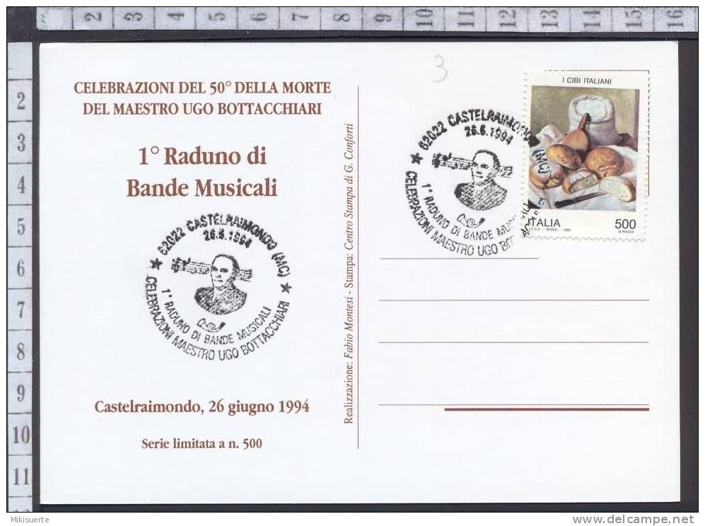 B261 TIMBRO CASTELRAIMONDO RADUNO BANDE MUSICALI MAESTRO UGO BOTTACCHIARI 1994 SERIE LIMITATA 500 COPIE Marcofilia Carto - 1991-00: Storia Postale