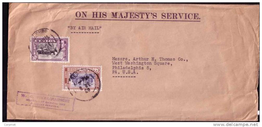 ELEPHANTS + ANCIENT RUINS On CEYLON - VF  AIR MAIL - ON HIS MAJESTY'S SERVICE -COVER  From COLOMBO To PHILADELPHIA - Olifanten