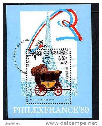 KAMPUCHEA 1989, PHILEXFRANCE, CARROSSE ROYAL, 1 Petit Bloc Oblitéré / Used. R132 - Stage-Coaches