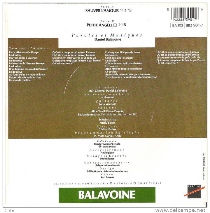 Vinyle 45 Tours - Daniel Balavoine - Sauver L'Amour - Petite Angèle - 1985 Barclay 883 901.7 - Disco, Pop