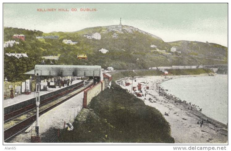 Killiney Hill Dublin County, Railroad Station Platform, Beach Scene, On Vintage Postcard - Dublin
