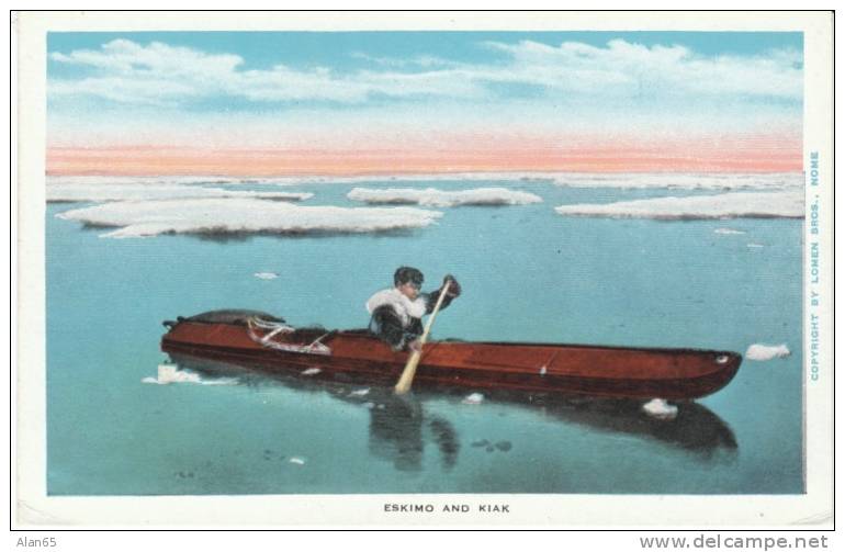 Eskimo In Kayak, Native Indian Boat, Hunting Seals, Snowshoes On Vintage Postcard - Otros & Sin Clasificación