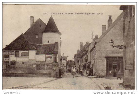 58..CP..TANNAY..RUE SAINTE AGATHE..PLAN ANIME .PHARMACIE.CHOCOLAT GUERIN BOUTRON..1908..EDIT : EMARD.TANNAY - Tannay