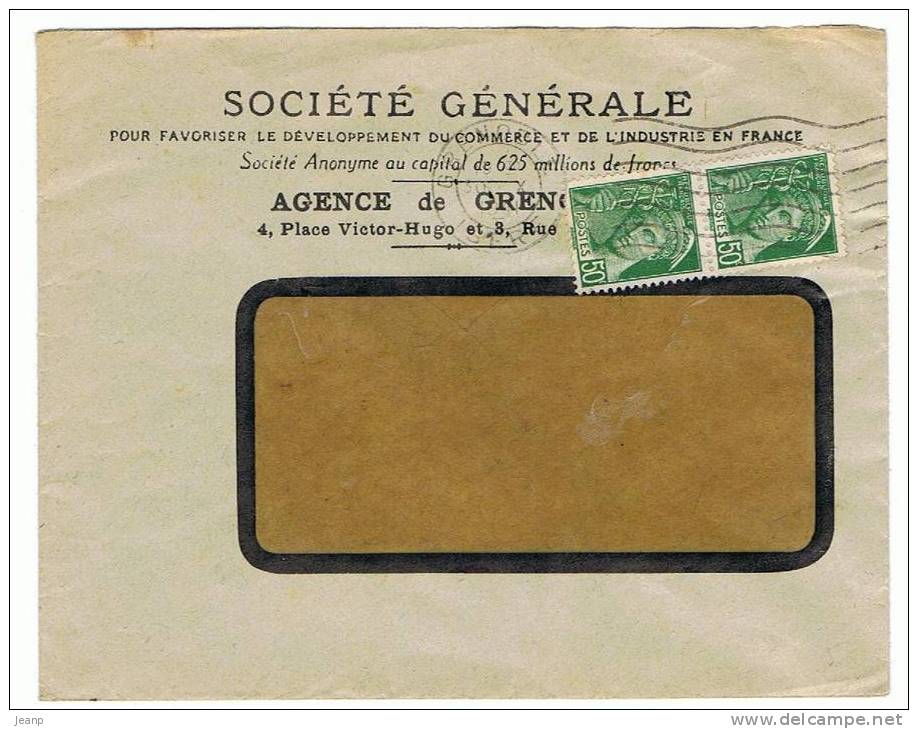 Mercure 50c Yvert 414B En Paire, Tarif Facture, 1940, OMEC Grenoble - 1938-42 Mercure