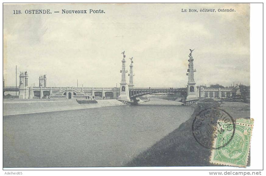 Ed. Le Bon, Ostende, Oostende, Nouveaux Ponts 1908 Vs Paris, Cachet/stempel Station - Oostende