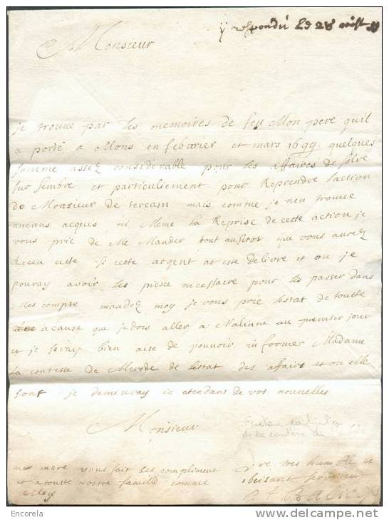 LAC Du 28 Avril 1699 Signée Du Secrétaire De La Princesse De Mérode à Mr. Huet à Mons. - 3994 - 1621-1713 (Spanische Niederlande)