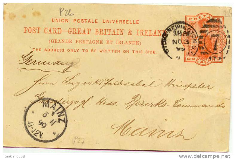 GB Postal Stationary Card Michel Nr. P26 London To Mainz 3-11-1899 - Postwaardestukken