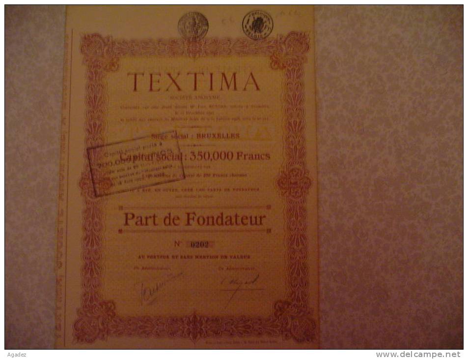 " Textima " Part De Fondateur 1928 Bruxelles Bonneterie, Textile - Textile