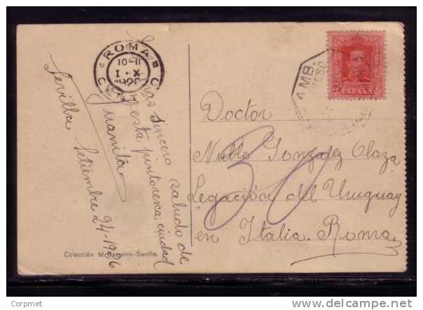 ESPAÑA - SPAIN - 1926 TARJETA POSTAL  Matasello AMBULANTE - SEVILLA A ROMA  - Postal Surtidores En Los Jardines Del Alca - Lettres & Documents