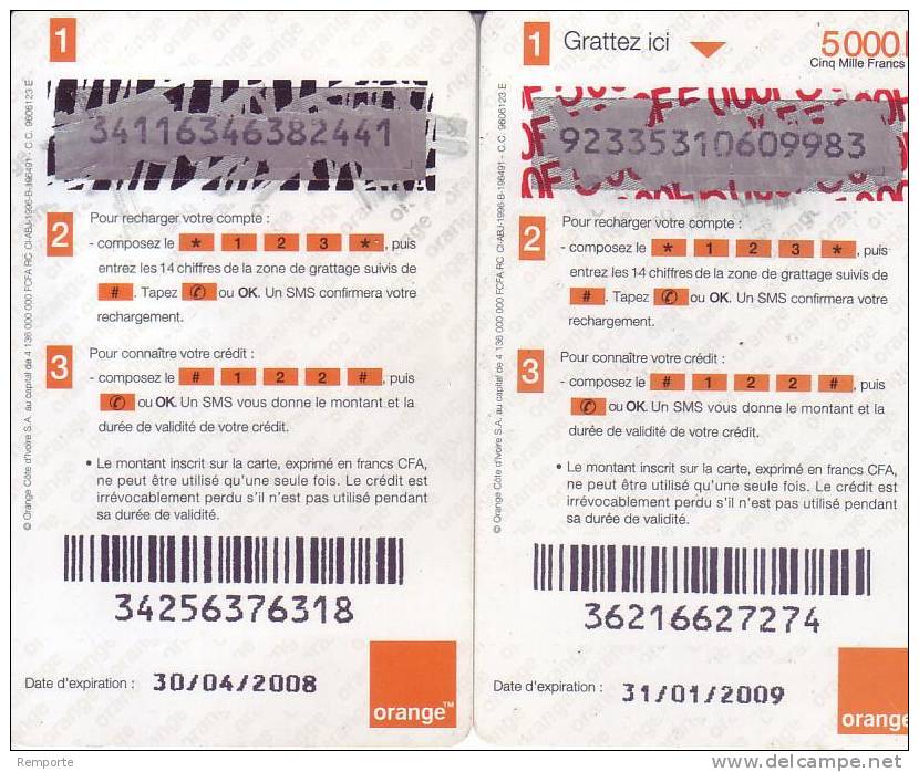 >> LOT  2  CARTES  TELEPHONIQUE  ORANGE  COTE D 'IVOIRE  5.000  FRANCS  CFA - Ivoorkust