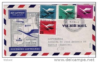 BRD291I/ Lufthansaserie 15.5.55. Erstflug Frankfurt-Madrid (First Flight) - Cartas & Documentos