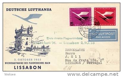 BRD293I/ Erstflug Frankfurt-Lissabon 2.10. 1955 Mit Lufthansa (First Flight) - Lettres & Documents