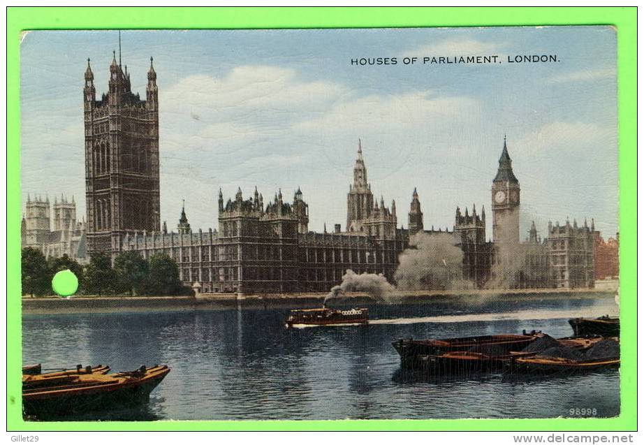 LONDON - HOUSES OF PARLIAMENT - ANIMATED WITH BARGES - TRAVEL IN 1958 - VALENTINE & SONS - - Houses Of Parliament