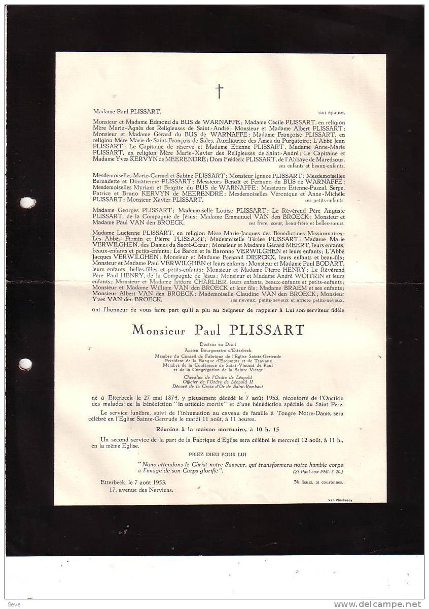 ETTERBEEK TONGRE NOTRE DAME Bourgmestre Paul PLISSART 1874-1953 Faire-part Décès - Décès