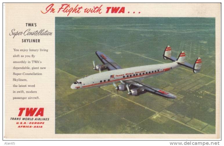 TWA Super-Constellation Skyliner Aircraft On 1950s Vintage Linen Postcard, French Text On Back - 1946-....: Moderne