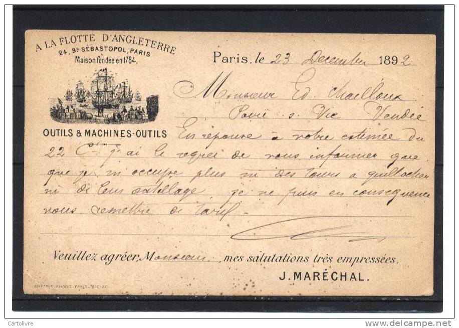 TOP 75/04 - Carte Précurseur 23 Décembre 1892 - Publicité " A La Flotte D´ Angleterre 24 Bd Sébastopol " Maréchal - Distretto: 04