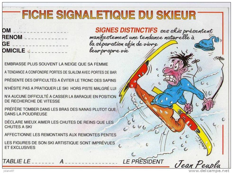 CPM          HUMOUR            FICHE SIGNALETIQUE DU SKIEUR - Sports